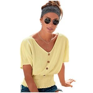 Lascana V-Neck Smocked Top Size 8/10 Butter Yellow